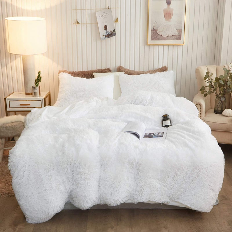 XeGe Plush Shaggy Duvet Cover Set, Luxury Ultra Soft Crystal Velvet Fluffy Bedding Sets 3 Pieces(1 Furry Faux Fur Comforter Cover + 2 Fuzzy Faux Fur Pillowcases), Zipper Closure(Queen, White) - Image 1
